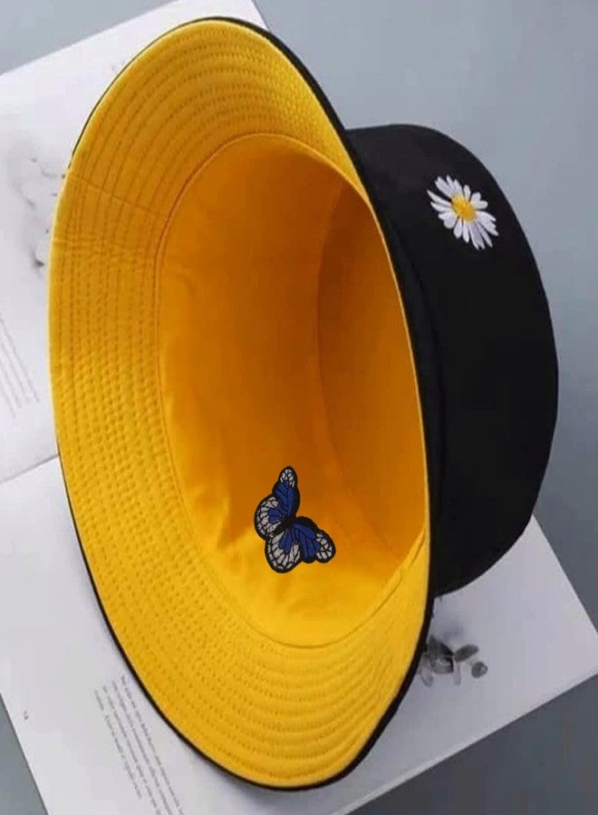 REFFER Butterfly Daisy Reversible Embroidered Foldable Cotton Bucket Hat for Women and Men hat, Bucket hat for Girls, Beach hat, Sun hat, Traveling hat (Reversible Black Mustard Pack of 1) - Image 4