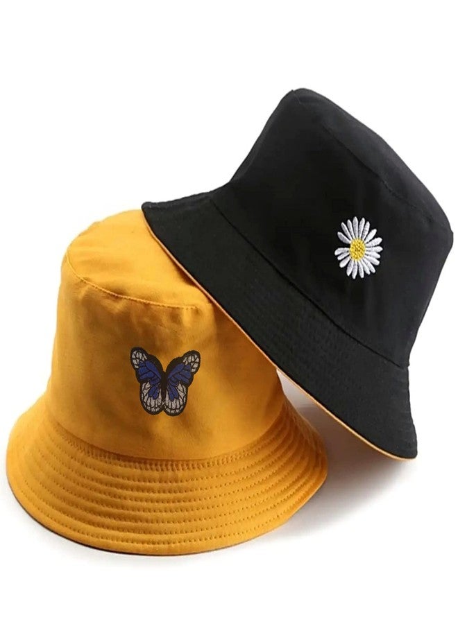 REFFER Butterfly Daisy Reversible Embroidered Foldable Cotton Bucket Hat for Women and Men hat, Bucket hat for Girls, Beach hat, Sun hat, Traveling hat (Reversible Black Mustard Pack of 1) - Image 1
