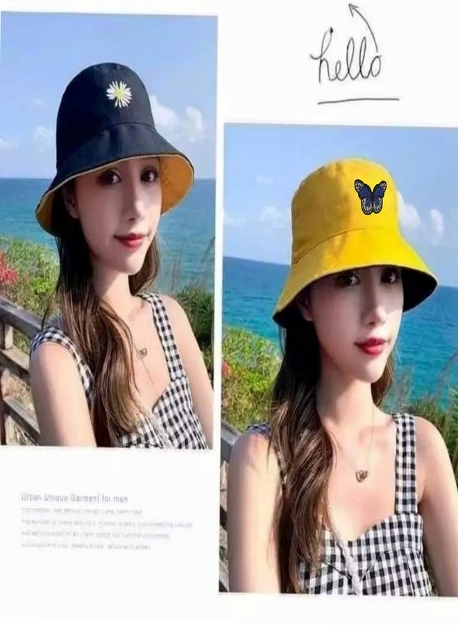 REFFER Butterfly Daisy Reversible Embroidered Foldable Cotton Bucket Hat for Women and Men hat, Bucket hat for Girls, Beach hat, Sun hat, Traveling hat (Reversible Black Mustard Pack of 1) - Image 3