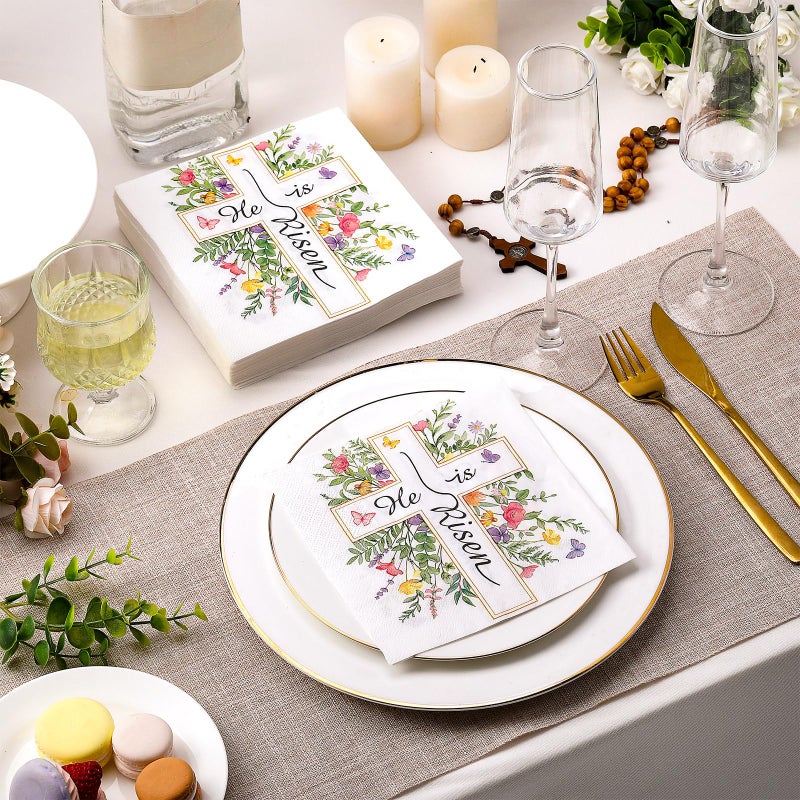 Frienda 60 Pcs Easter Paper Napkins He Is Risen Disposable Luncheon Napkins Floral Butterfly Dinner Paper Hand Towels Decorative Dessert Guest Towels for Home Table Party Supplies, 6.5 x 6.5 Inch - Image 4