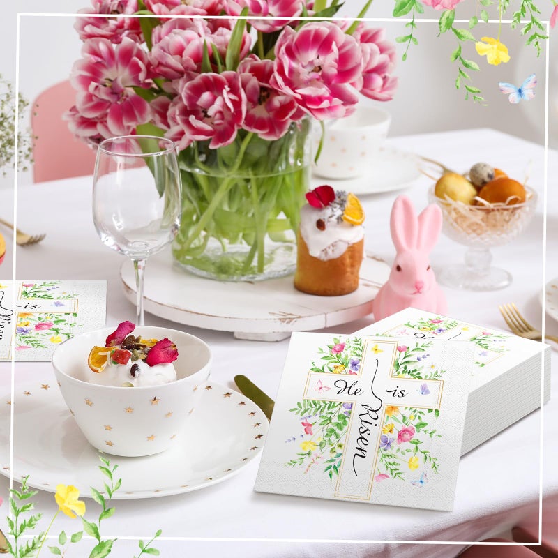 Frienda 60 Pcs Easter Paper Napkins He Is Risen Disposable Luncheon Napkins Floral Butterfly Dinner Paper Hand Towels Decorative Dessert Guest Towels for Home Table Party Supplies, 6.5 x 6.5 Inch - Image 3