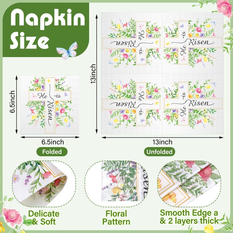 Frienda 60 Pcs Easter Paper Napkins He Is Risen Disposable Luncheon Napkins Floral Butterfly Dinner Paper Hand Towels Decorative Dessert Guest Towels for Home Table Party Supplies, 6.5 x 6.5 Inch - Image 2