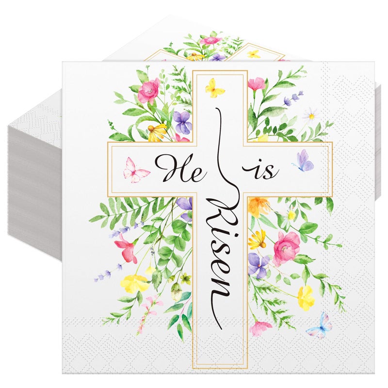 Frienda 60 Pcs Easter Paper Napkins He Is Risen Disposable Luncheon Napkins Floral Butterfly Dinner Paper Hand Towels Decorative Dessert Guest Towels for Home Table Party Supplies, 6.5 x 6.5 Inch - Image 1