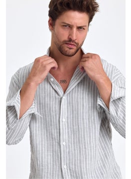 Cool Tarz Cool Style Men's Classic Fit Regular Cut Long Sleeve Cotton Linen Texture Folded Sleeve Striped Shirt  - Image 1