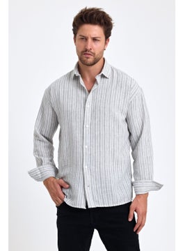 Cool Tarz Cool Style Men's Classic Fit Regular Cut Long Sleeve Cotton Linen Texture Folded Sleeve Striped Shirt  - Image 2