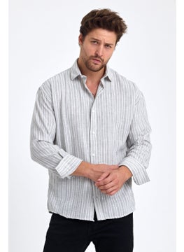 Cool Tarz Cool Style Men's Classic Fit Regular Cut Long Sleeve Cotton Linen Texture Folded Sleeve Striped Shirt  - Image 3