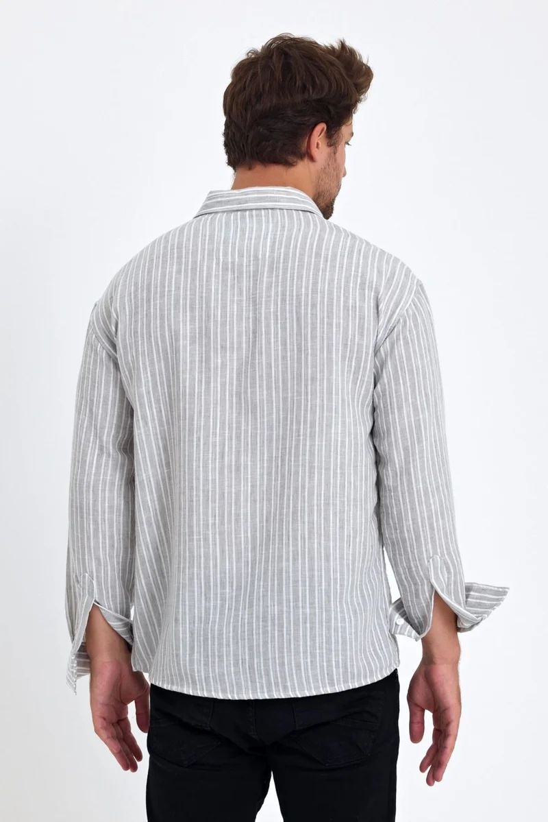 Cool Tarz Cool Style Men's Classic Fit Regular Cut Long Sleeve Cotton Linen Texture Folded Sleeve Striped Shirt
