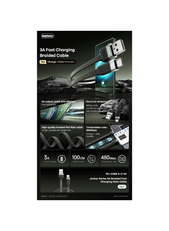 ريماكس كابل شحن عالي السرعة، كابل USB إلى Type-C سريع 3 أمبير، تصميم مضفر متين بطول 1 متر مع موصلات من سبائك الألومنيوم، ونقل بيانات مستقر، وتوافق عالمي - Image 3