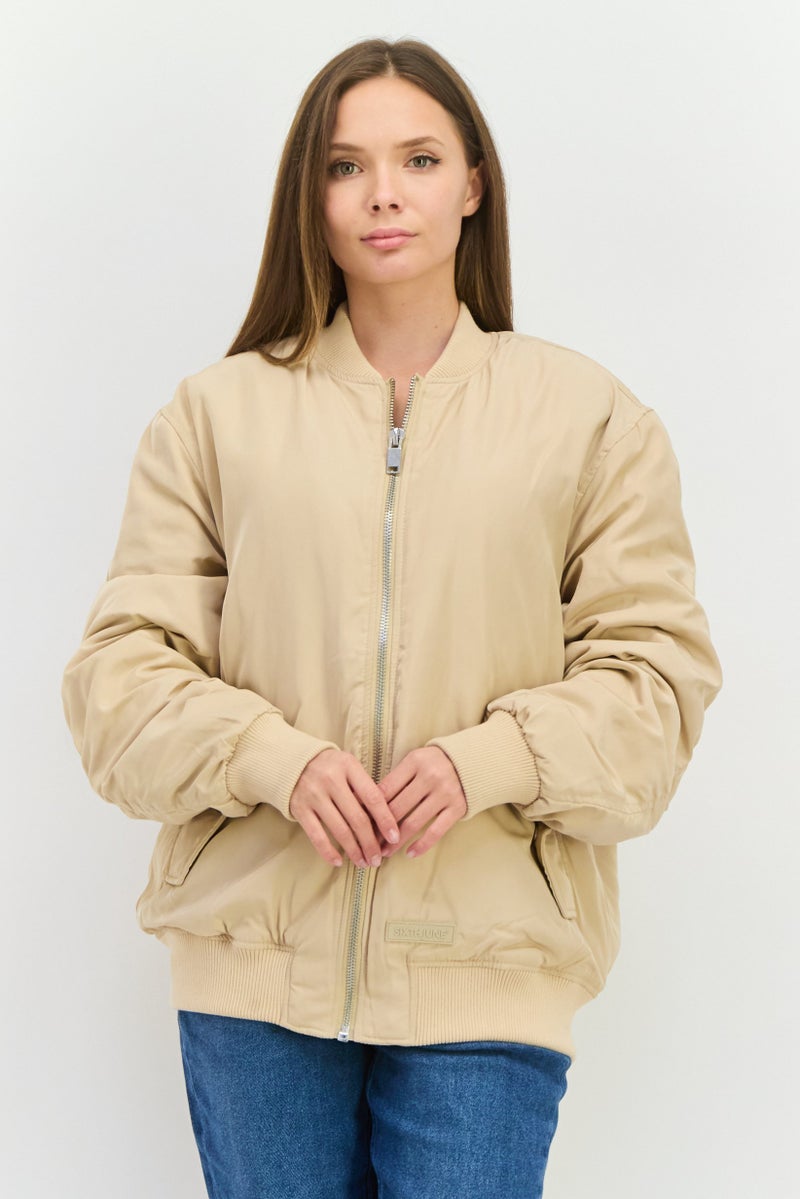 Sixth June Women Plain Bomber Jacket, Beige  - Image 1