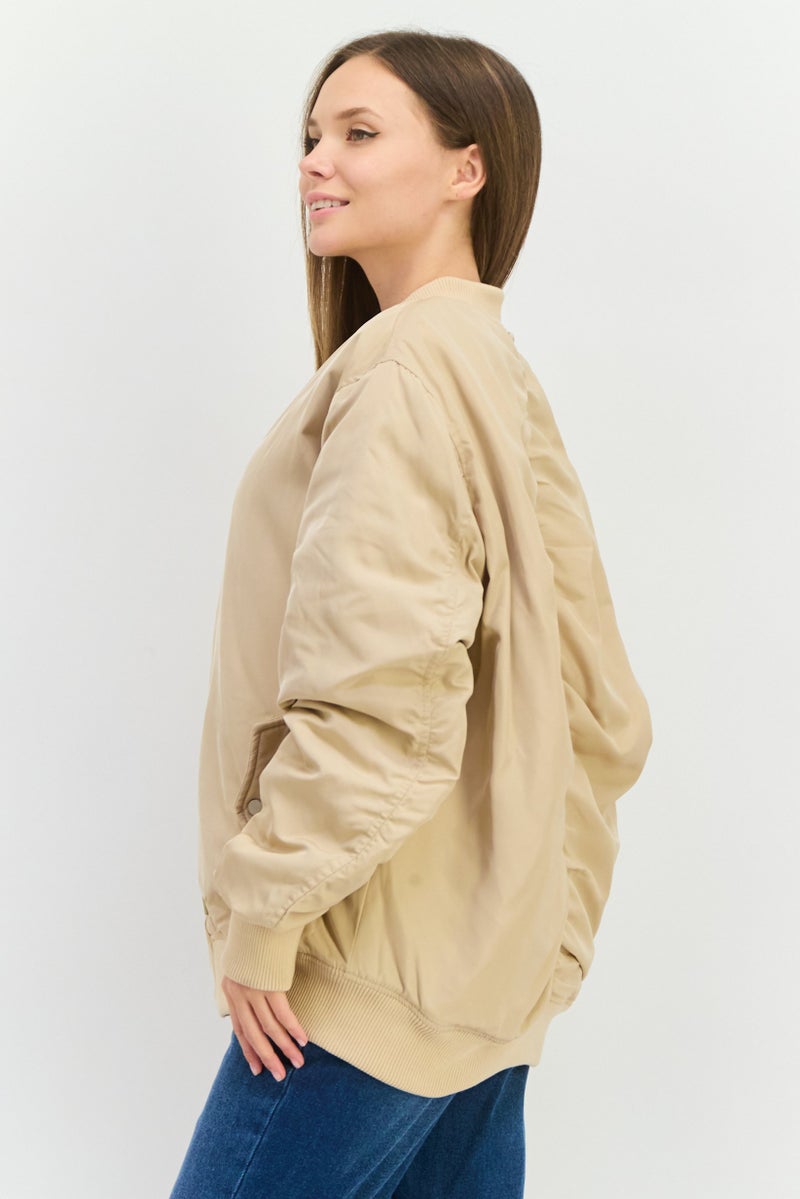 Sixth June Women Plain Bomber Jacket, Beige  - Image 2