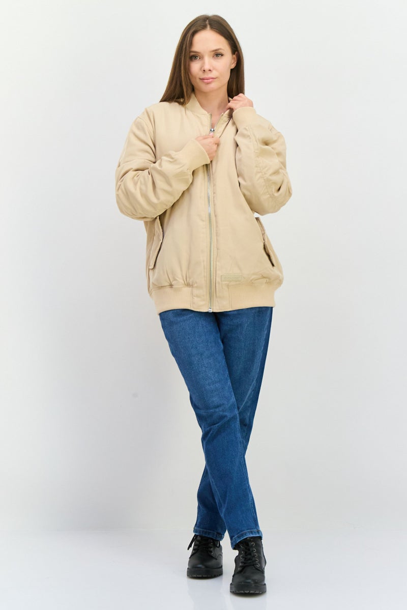 Sixth June Women Plain Bomber Jacket, Beige  - Image 4