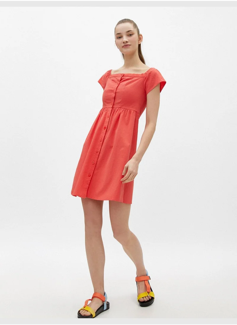 KOTON Off Shoulder Dress Short Sleeve Mini Poplin Cotton
