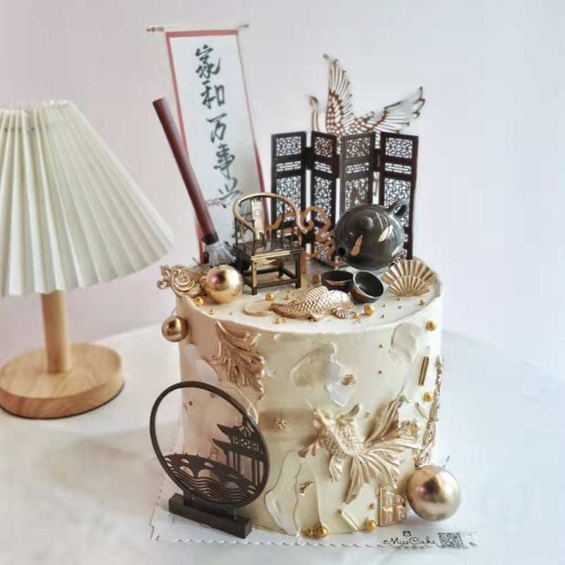 Chinese Style Nostalgic Style Father'S Day Men Elder Small Teapot Teacup Taishi Chair Birthday Cake Decoration Ornaments - Image 4