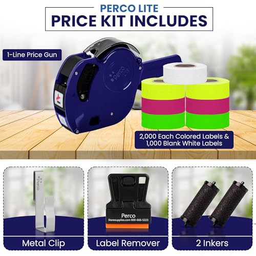 Perco Lite 1 Line Price Gun Kit for Retail Business Includes 2 Rolls Each of Yellow Fluorescent Green Fluorescent Pink Gun Clip Ink Rollers PreLoaded Pricing Gun w Labels Ink - Image 3