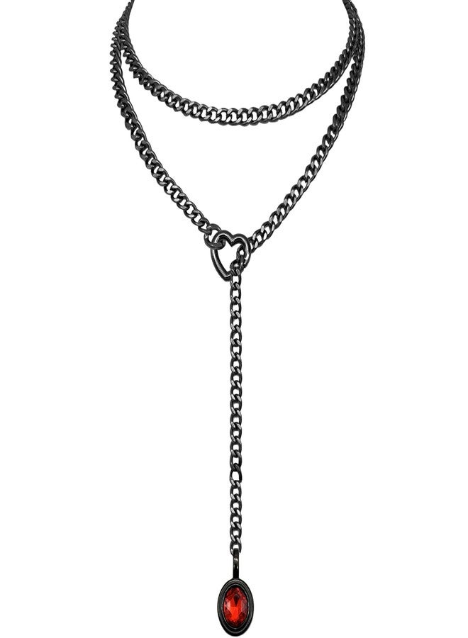 EverGlimp Heart Slip Chain Necklace for Women, 39 Inch Cuban Chain, Removable Heart O-Ring, Crystal Pendant, Adjustable Stainless Steel Y-Necklace (Black-Red) - Image 1