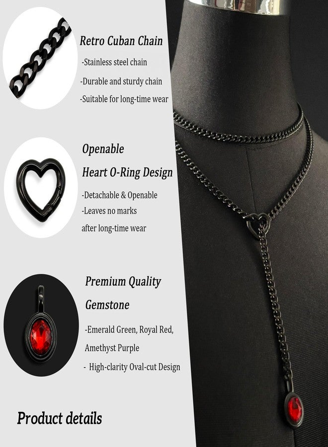 EverGlimp Heart Slip Chain Necklace for Women, 39 Inch Cuban Chain, Removable Heart O-Ring, Crystal Pendant, Adjustable Stainless Steel Y-Necklace (Black-Red) - Image 3