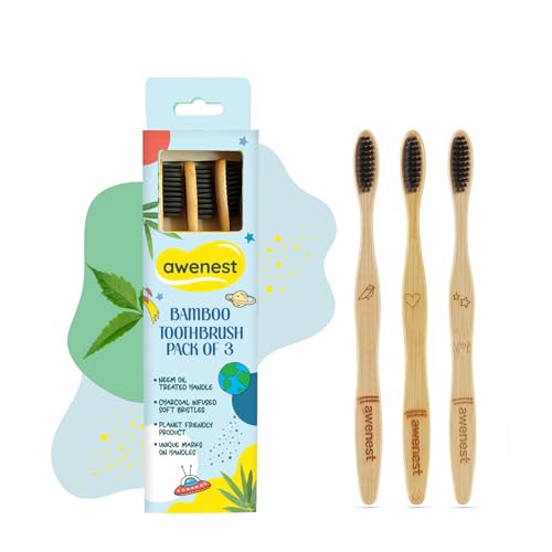 awenest Bamboo Toothbrush With Charcoal Activated Soft Bristles - Pack Of 3 | Treated With Neem Oil | For Fungus Protection | Bpa Free, Biodegradable And Compostable Handle | Eco-friendly | - Image 1