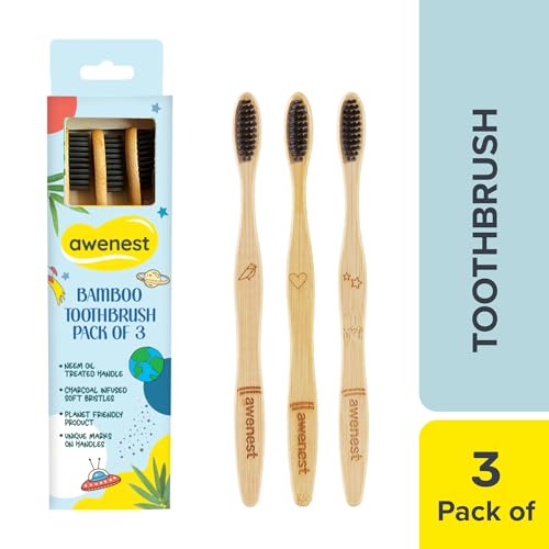 awenest Bamboo Toothbrush With Charcoal Activated Soft Bristles - Pack Of 3 | Treated With Neem Oil | For Fungus Protection | Bpa Free, Biodegradable And Compostable Handle | Eco-friendly | - Image 2