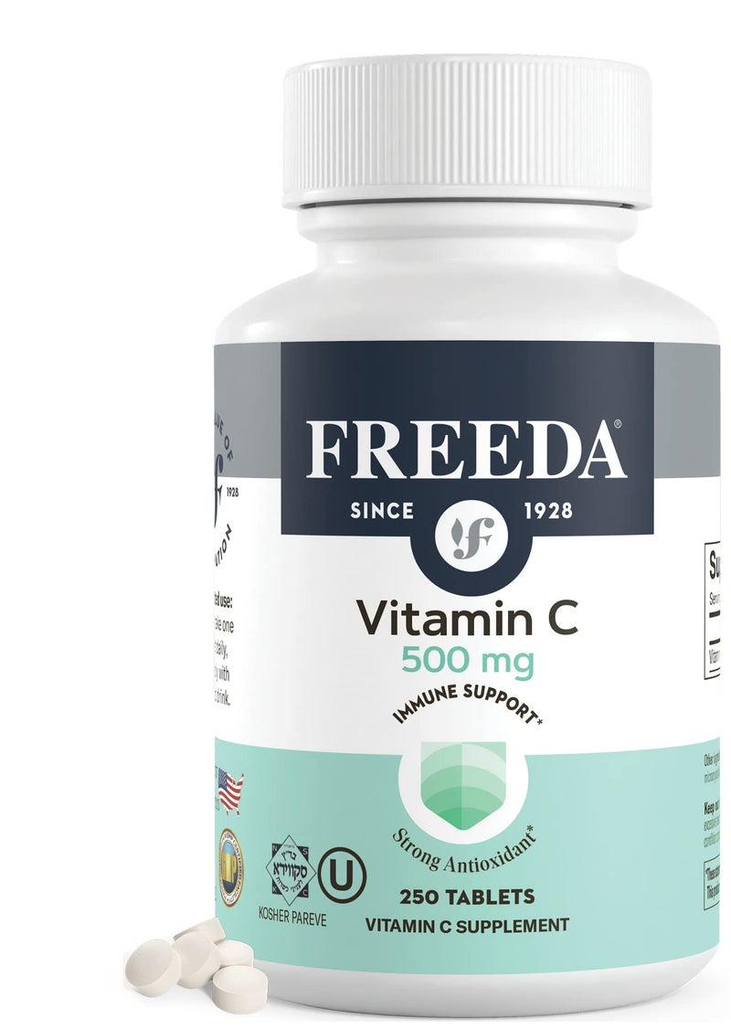 FREEDA Vegan Vitamin C 500mg Kosher Immune Support Antioxidant Helps Maintain Healthy Skin Hair Supports Iron Absorption No Gluten No Lactose No Artificial Flavor or Color 250 Tablets