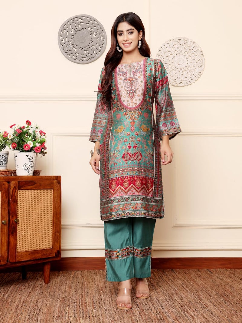 Varanga Women Green Round Neck Gotta Lace Detailed Ethnic Printed 3/4 Sleeve Straight Kurta with Tonal Bottom & Lace Detailing - Image 2