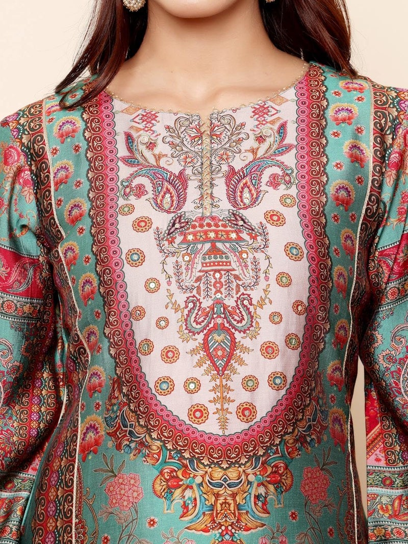 Varanga Women Green Round Neck Gotta Lace Detailed Ethnic Printed 3/4 Sleeve Straight Kurta with Tonal Bottom & Lace Detailing - Image 5