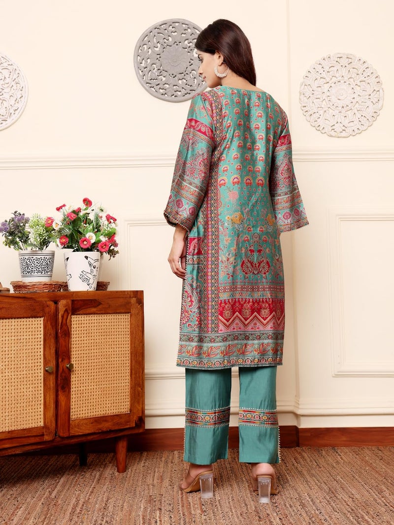 Varanga Women Green Round Neck Gotta Lace Detailed Ethnic Printed 3/4 Sleeve Straight Kurta with Tonal Bottom & Lace Detailing - Image 4