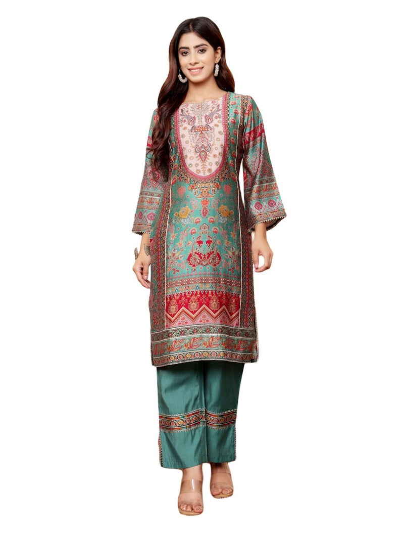 Varanga Women Green Round Neck Gotta Lace Detailed Ethnic Printed 3/4 Sleeve Straight Kurta with Tonal Bottom & Lace Detailing - Image 1