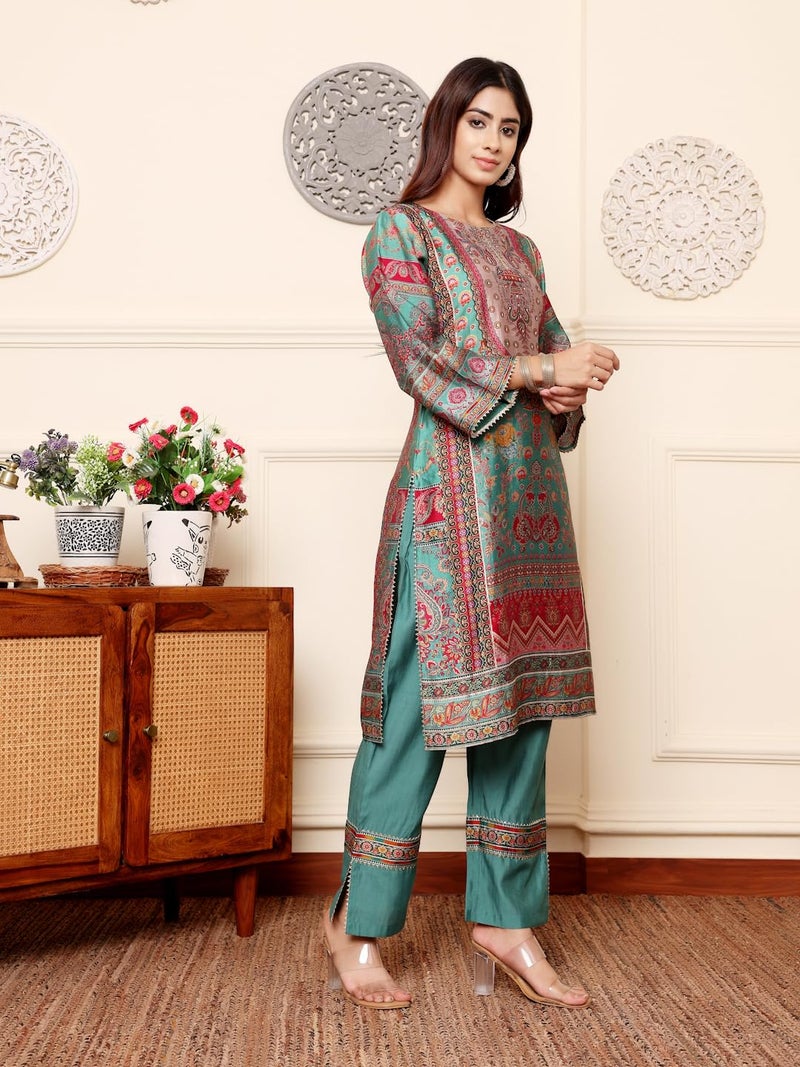 Varanga Women Green Round Neck Gotta Lace Detailed Ethnic Printed 3/4 Sleeve Straight Kurta with Tonal Bottom & Lace Detailing - Image 3