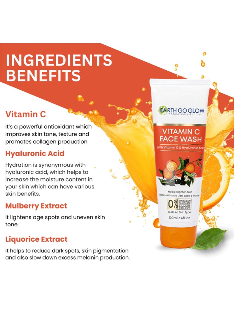 EARTH GO GLOW - Brightening Vitamin C Face Wash - Reduces Pigmentation & Dark Spots | Cleanses & Moisturizes | Enriched with Hyaluronic Acid & Licorice Extracts - 100ml - Image 1