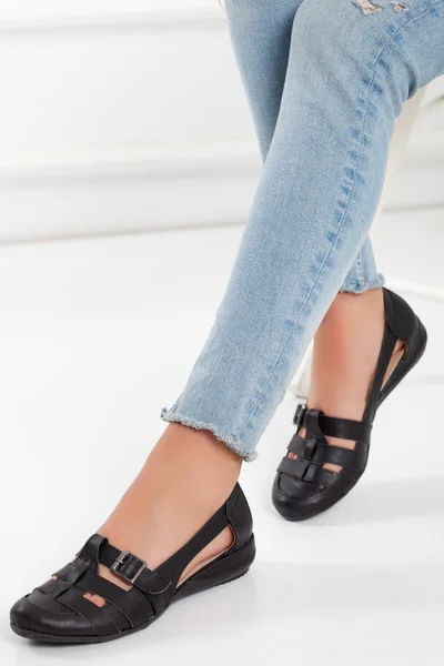 Dilimler Ayakkabı Slices Shoes Buckle Black Women's Ballerinas