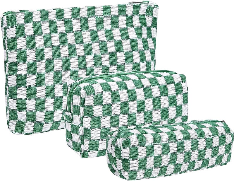 KOTORA 3 Pieces Makeup Bag Large Small Checkered Cosmetic Bag Capacity Canvas Travel Toiletry Bag Organizer Cute Makeup Brushes Aesthetic Accessories Storage Bag for Women Green - Image 2