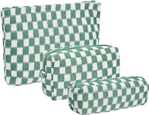KOTORA 3 Pieces Makeup Bag Large Small Checkered Cosmetic Bag Capacity Canvas Travel Toiletry Bag Organizer Cute Makeup Brushes Aesthetic Accessories Storage Bag for Women Green - Image 1