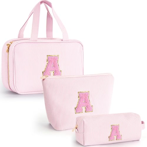 Fystdtote Gifts for Teen Girls Women Personalized Toiletry Bag Initial Makeup Bag Travel Cosmetic Bag 8 9 10 11 12 13 14 15 16 Years Old Girl Gift Trendy Stuff Pink A - Image 1