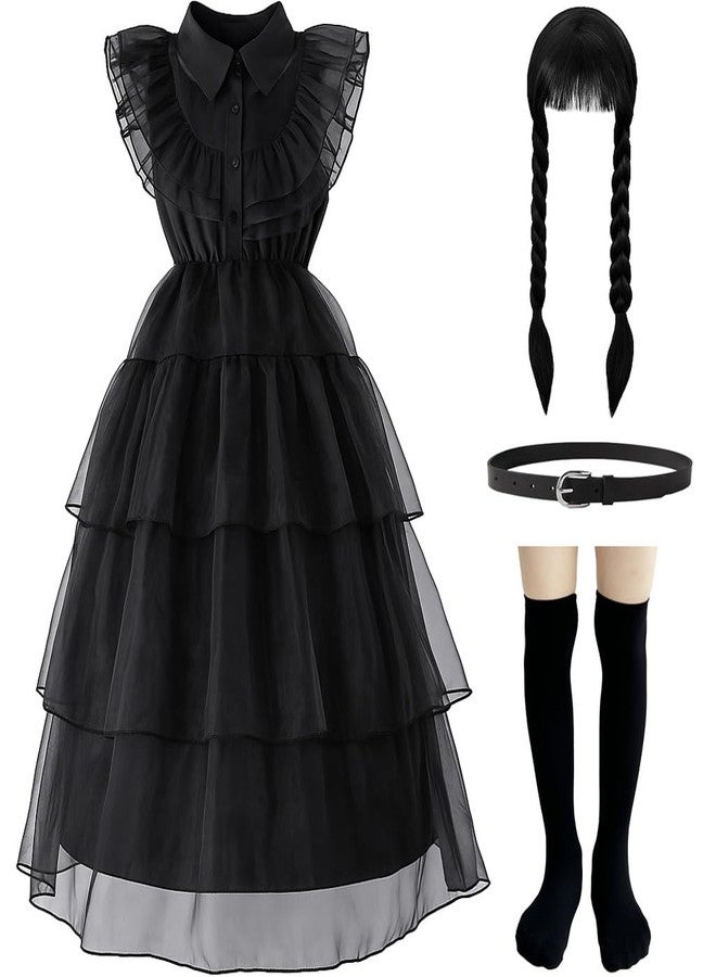 Pextian Halloween Costumes for Girls with Black Dress, Wig, Socks and Belt, Black Family Girls Halloween Costumes, Costumes for Girls Kids Halloween Cosplay Party, Birthday, Casual Dress, 4-5 Years(110cm) - Image 1