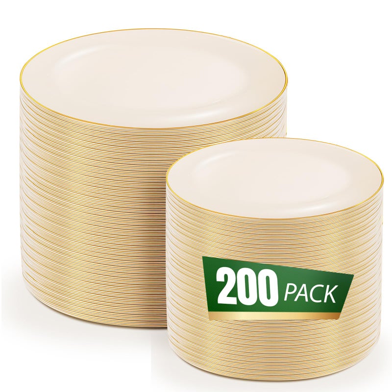 bUCLA 200PCS Ivory Plastic Plates with Gold Rim - Heavy Duty Cream Disposable Include 100 Dinner 10 inch & 100 Dessert 7 inch Plates, Ideal for Party & Wedding - Image 1
