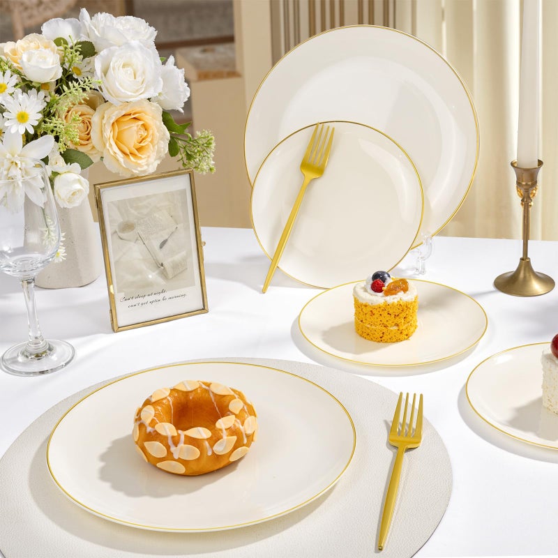 bUCLA 200PCS Ivory Plastic Plates with Gold Rim - Heavy Duty Cream Disposable Include 100 Dinner 10 inch & 100 Dessert 7 inch Plates, Ideal for Party & Wedding - Image 3