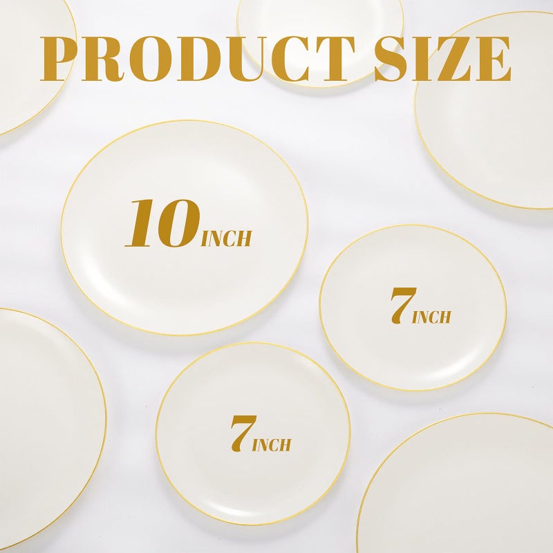 bUCLA 200PCS Ivory Plastic Plates with Gold Rim - Heavy Duty Cream Disposable Include 100 Dinner 10 inch & 100 Dessert 7 inch Plates, Ideal for Party & Wedding - Image 2