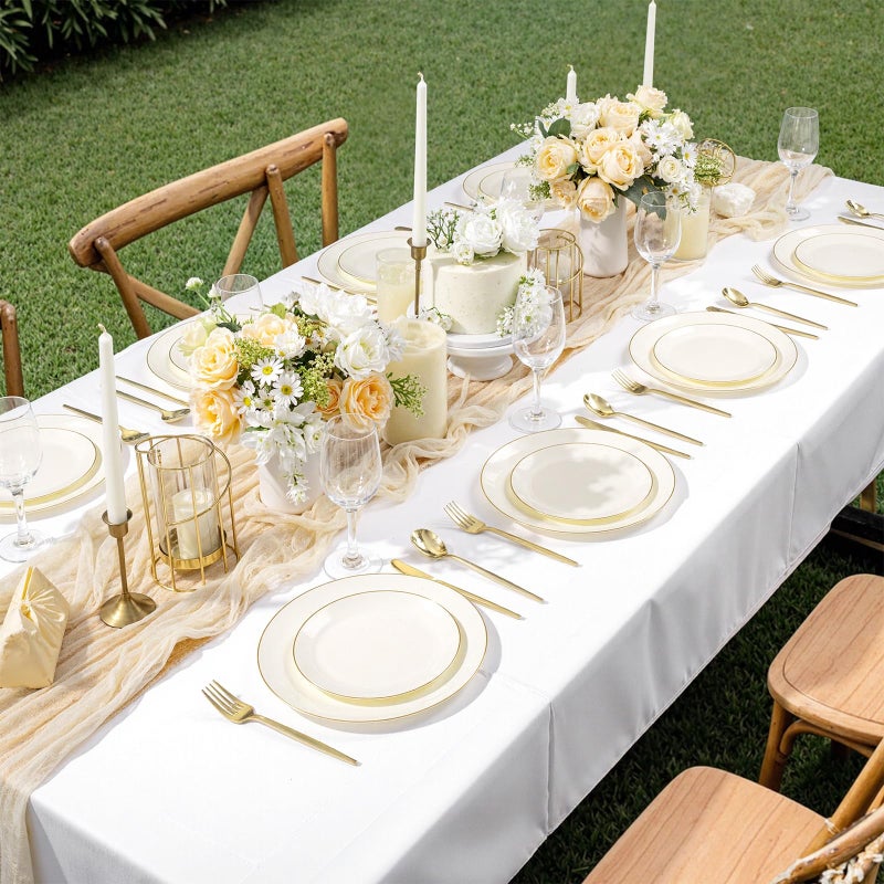 bUCLA 200PCS Ivory Plastic Plates with Gold Rim - Heavy Duty Cream Disposable Include 100 Dinner 10 inch & 100 Dessert 7 inch Plates, Ideal for Party & Wedding - Image 5