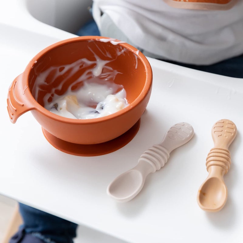 Bumkins Baby Utensil Set, Silicone Trainer Spoons for Dipping, Soft Tip, Self-Feeding, Chew, Baby Led Weaning, First Year Training Supplies, Essentials in Learning Eating, 4 Mos, 3-pk Beige and Brown - Image 4