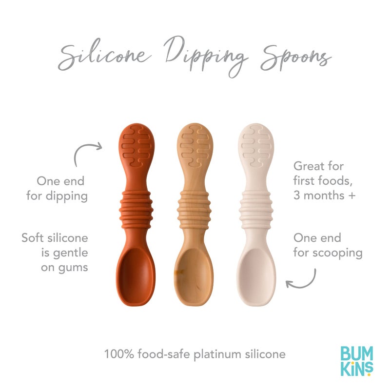 Bumkins Baby Utensil Set, Silicone Trainer Spoons for Dipping, Soft Tip, Self-Feeding, Chew, Baby Led Weaning, First Year Training Supplies, Essentials in Learning Eating, 4 Mos, 3-pk Beige and Brown - Image 5