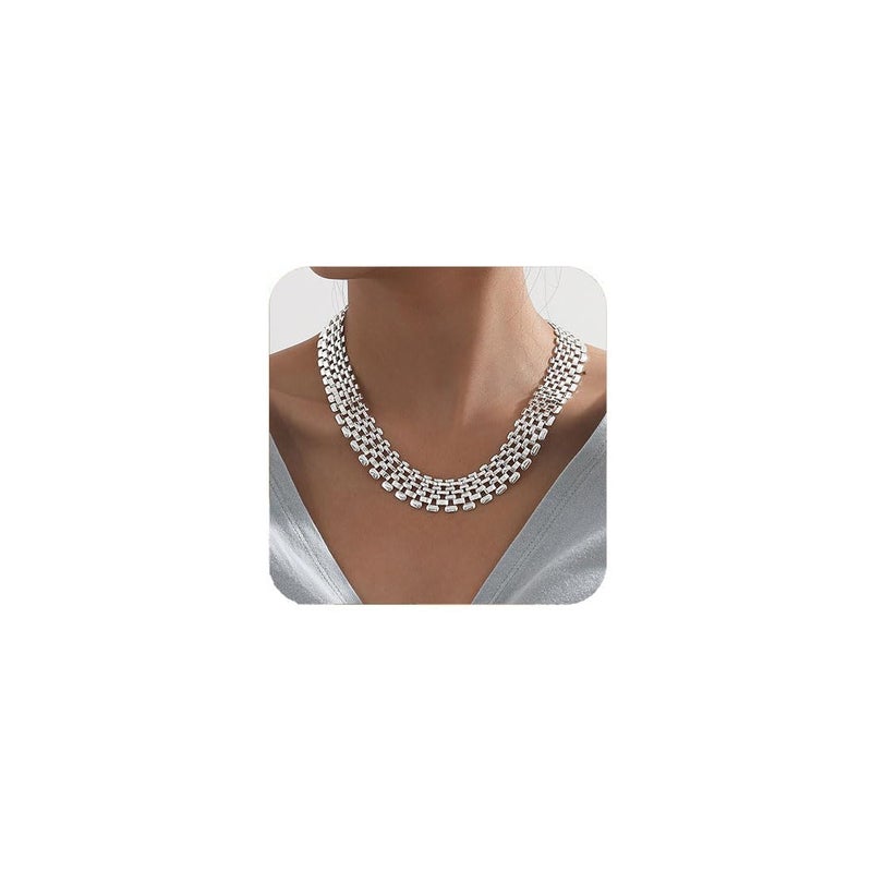 Artmiss Silver Chunky Choker Necklace Statement Wide Chain Necklace Jewelry for Women Christmas Gifts - Image 1