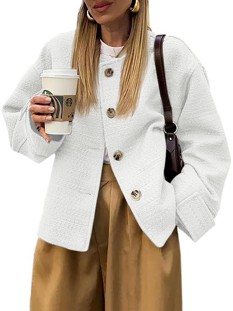 BZB Women's Fall Tweed Jacket Long Sleeve Blazer Jackets Button Business Casual Work Knit Coat with Pockets White - Image 1