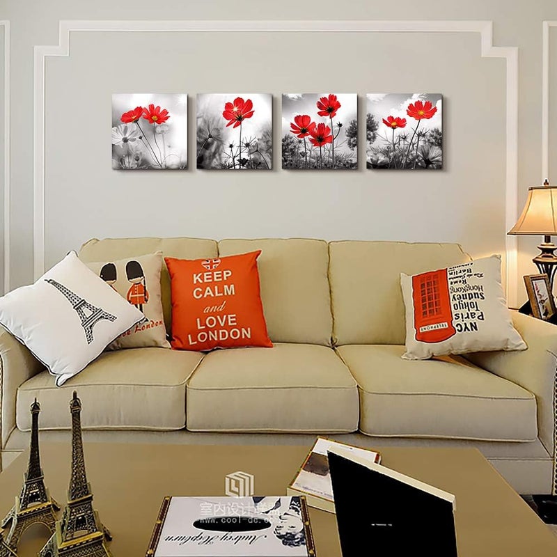 ARS art 4pcs Modern Salon Theme Black and White Plant The red flower Flower Abstract Painting Still Life Canvas Wall Art for Home Decor Flower Canvas Print Wall Art Painting For Living Room Decor Size12x12inchx4pcs (30x30cmx4pcs) - Image 3