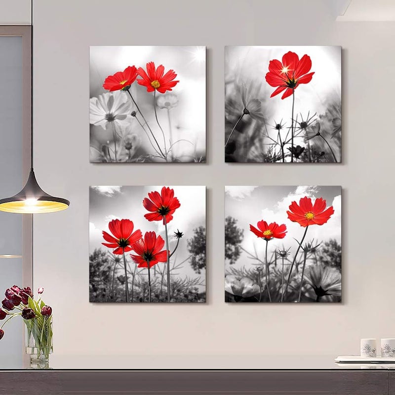 ARS art 4pcs Modern Salon Theme Black and White Plant The red flower Flower Abstract Painting Still Life Canvas Wall Art for Home Decor Flower Canvas Print Wall Art Painting For Living Room Decor Size12x12inchx4pcs (30x30cmx4pcs) - Image 2