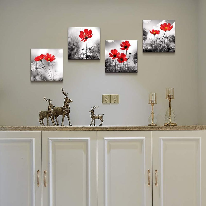 ARS art 4pcs Modern Salon Theme Black and White Plant The red flower Flower Abstract Painting Still Life Canvas Wall Art for Home Decor Flower Canvas Print Wall Art Painting For Living Room Decor Size12x12inchx4pcs (30x30cmx4pcs) - Image 4