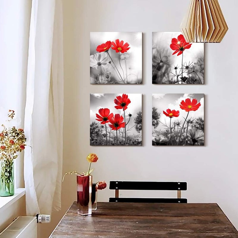 ARS art 4pcs Modern Salon Theme Black and White Plant The red flower Flower Abstract Painting Still Life Canvas Wall Art for Home Decor Flower Canvas Print Wall Art Painting For Living Room Decor Size12x12inchx4pcs (30x30cmx4pcs) - Image 5