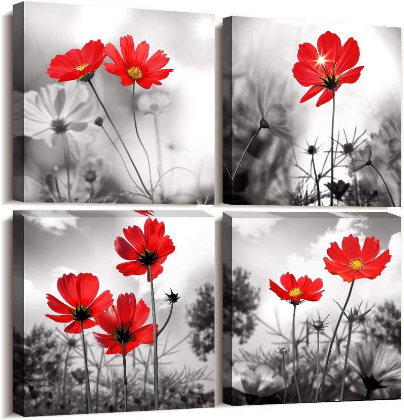 ARS art 4pcs Modern Salon Theme Black and White Plant The red flower Flower Abstract Painting Still Life Canvas Wall Art for Home Decor Flower Canvas Print Wall Art Painting For Living Room Decor Size12x12inchx4pcs (30x30cmx4pcs) - Image 1