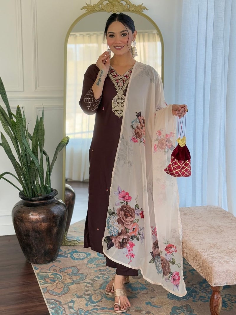 Naixa Women's Coffee Rayon Slub Embroidered Straight Kurta with Rayon Slub Pant and Taby Printed Dupatta Sets (NX-675-Coffee-S) - Image 2