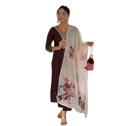 Naixa Women's Coffee Rayon Slub Embroidered Straight Kurta with Rayon Slub Pant and Taby Printed Dupatta Sets (NX-675-Coffee-S) - Image 1