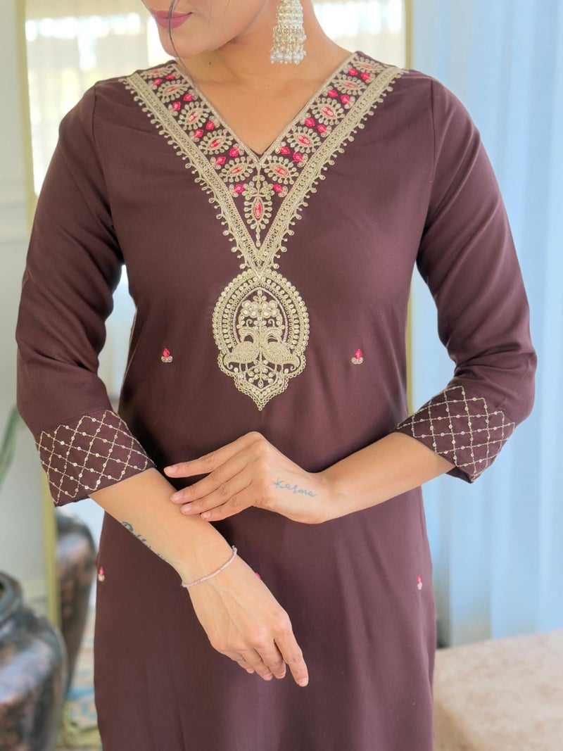 Naixa Women's Coffee Rayon Slub Embroidered Straight Kurta with Rayon Slub Pant and Taby Printed Dupatta Sets (NX-675-Coffee-S) - Image 5